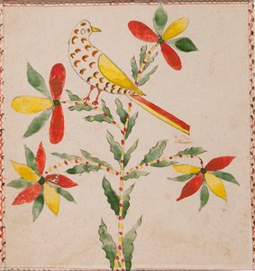Mały żółty i czerwony ptak na kwitnącej gałązce autorstwa Unknown artist