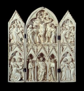 Tryptyk Saint-Sulpice du Tarn: Niesienie Krzyża, Ukrzyżowanie, Zejście z Krzyża, Pokłon Trzech Króli, Panna Chwalebna, Ofiarowanie w świątyni. Pończochy z rzeźbionymi zdobieniami z kości słoniowej. Około 1300 Paryż, Narodowe Muzeum Średniowiecza, Thermes d autorstwa Unknown artist