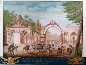 Triumfalne wejście Agustina Iturbide (1783-1824), pierwszego cesarza Niepodległego Meksyku, w Mexico City 7.09.1821 (Triumfalny wjazd pierwszego cesarza wolnego Meksyku Agustina Iturbide w Mexico City, 7 września autorstwa Unknown artist