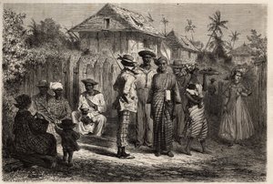 Rodzaje rdzennej Cayenne (Gujana Francuska), kobiety ubrane w drzewko (suknia wiązana) madras i ubrane w kolorowe turbany, mężczyźni przyjęli strój zachodni. Rycina ilustrująca podróż w Gujanie Francuskiej w latach 1862-1863 autorstwa Frederica Bouyera, ca autorstwa Unknown artist