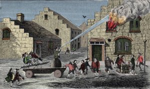 Użycie pompy pożarniczej do gaszenia pożaru. Grawerowanie z 1733 roku. autorstwa Unknown artist