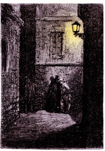 Widok na ciemną uliczkę w londyńskiej dzielnicy Whitechapel. Grawerowanie z XVIII wieku autorstwa Unknown artist