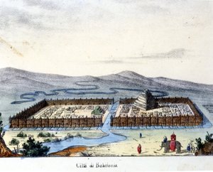 Widok starożytnego Babilonu: w centrum świątynia i wiszące ogrody. Płonący sd. początek XIX wieku. autorstwa Unknown artist