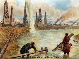Widok szybów naftowych w Baku, Azerbejdżan. chromolitografia z około 1890 roku. autorstwa Unknown artist