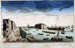 Widok Admiralicji w Amsterdamie na należące do niej Sklepy Zagłębiów i Plac Budowy oraz Kompanię Indii Wschodnich Holandii - Widok optyczny autorstwa Unknown artist