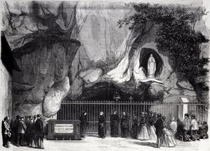 Widok na jaskinię Lourdes w Wysokich Pirenejach, gdzie Bernadetcie Soubirous (1844-1879) w 1858 roku objawiła się Matka Boża, obecne miejsce pielgrzymek. Grawerowanie XIX wieku autorstwa Unknown artist