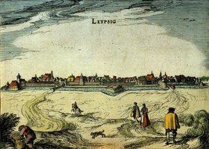 Widok na miasto Lipsk w Niemczech. Grawerowanie z XVIII wieku autorstwa Unknown artist