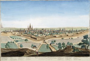 Widok na miasto Mediolan, Włochy z katedrą i fortyfikacjami. Rycina z XVIII wieku. autorstwa Unknown artist