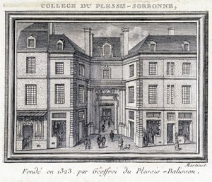 Widok na zewnętrzną fasadę kolegium Plessis Sorbonne (Paryż), założonego w 1323 roku przez Geoffroya z Plessis Balisson, używanego w latach 1848-1849 przez ENA. Rycina zachowana w Musee Carnavalet w Paryżu. autorstwa Unknown artist