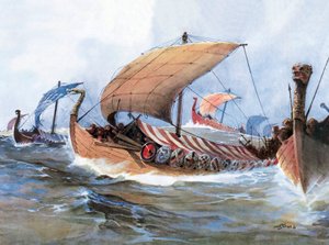 Łódź wikingów w tranzycie w kierunku Normandii, akwarela autorstwa Unknown artist