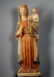 Dziewica z Dzieciątkiem Dziewica trzyma w ręku gołębia. Rzeźba z kamienia polichromowanego. XV wiek. Kościół Montaigu les Bois. autorstwa Unknown artist