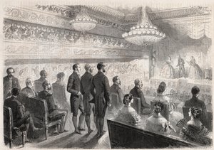 Wizyta Wilhelma I Pruskiego (1797-1888) w Compiegne: pokaz gali w teatrze pałacowym w obecności Napoleona III (1808-1873) - Grawerowanie w „Świat sławny”” autorstwa Unknown artist