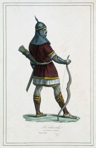 Wojownik Kalmouk (mongolscy mieszkańcy południowej Syberii) - w „Różne ludy ziemi” autorstwa Abbé P. Jouhanneaud, Biblioteka Dobrych Książek, Limoges autorstwa Unknown artist