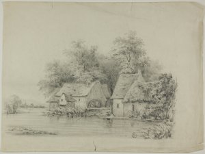 Młyn wodny i domek z dachami krytymi strzechą autorstwa Unknown artist