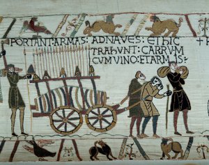 Broń i wino są sprowadzane na statki podczas tankowania na podbój Anglii przez floty Wilhelma Zdobywcy (1027-1087) w 1066 r. Fragment gobelinu z Bayeux lub haftu królowej Matyldy autorstwa Unknown artist