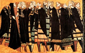 Płaczący w czarnej pelerynie na grobie Rycerza Don Sancho Saiz de Carillo, fragment fresku zdobiącego grób. Detreme na drewnie. Koniec XIII wieku. Museu Nacional d