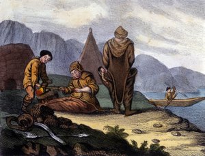 Eskimosi z Zachodniego Wybrzeża Grenlandii. Litografia z początku XIX wieku autorstwa Unknown artist