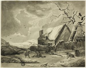 Zimowa scena z ludźmi na zewnątrz domku nad stawem autorstwa Unknown artist