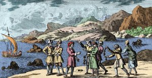 Czary i wierzenia: fiński i lapoński prowokujący burzę magią trzech węzłów. Grawer z „Mundi Mirabilis Oeconomia” Johanna Zahna (1631-1707) autorstwa Unknown artist