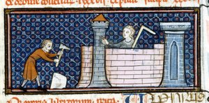 Robotnicy budujący klasztor obronny, miniatura z połowy XIII wieku. Biblioteca Trivulziana. autorstwa Unknown artist