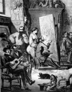 Warsztat malarza w XIX wieku. Niektórzy grają muzykę, inni palą, podczas gdy malarz rysuje. Grawerowanie XIX wieku autorstwa Unknown artist