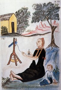 Młoda Indianka przędąca wełnę, z książki „Trujillo of Peru” lub „Codex Martinez Companion”, autorstwa Baltazara Martineza Companion i Bujandy, biskupa Trujillo (1782-1785) autorstwa Unknown artist