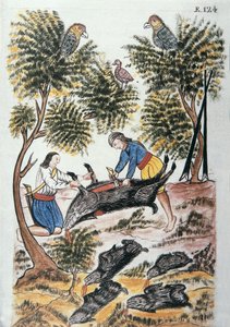 Młodzi Indianie motilones zarzynają dzika, z książki „Trujillo del Peru” lub „Códice Martínez Compañón”, autorstwa Baltazara Martineza Compañón y Bujanda, biskupa Trujillo (1782-1785) autorstwa Unknown artist