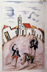 Młodzi Indianie bawiący się bączkiem, z książki „Trujillo del Peru” lub „Kodeks Martinez Companion”, autorstwa Baltazara Martineza Companion i Bujandy, biskupa Trujillo (1782-1785) autorstwa Unknown artist