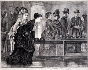 Młode kobiety grające w kręgle, Stany Zjednoczone, ok. 1870 r. - grawerowanie autorstwa Unknown artist