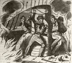 Zampa, korsarz algierski: „Kapitan, młoda dama i część załogi angielskiego statku, przywiązana do głównego masztu i spalona”, ok. 1836 autorstwa Unknown artist