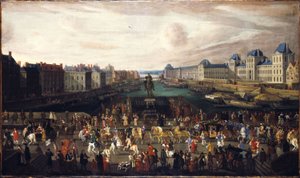 Pont-Neuf widziany z wejścia na Place Dauphine, Quai Malaquais z Collège des Quatre-Nations w budowie, Grande Galerie i Luwr, około 1665 roku. Przejście procesji przez most, między 1665 a 1669 r. (olej na płótnie) autorstwa Unknown artist