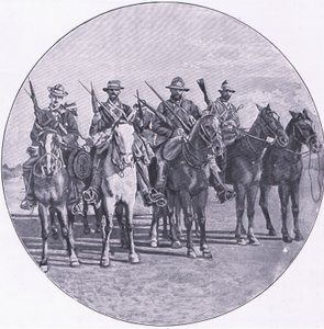 Burowie uzbrojeni w karabiny i parasole z After Pretoria: The Guerilla War wydanego przez Harmsworth Bros Limited autorstwa Unknown photographer