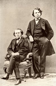 Johannes Brahms (1833-1897), niemiecki kompozytor, siedzi z Josephem Joachimem (1831-1907), węgierskim skrzypkiem i kompozytorem oraz dyrektorem Konserwatorium Berlińskiego. Półton z fotografii (druk) autorstwa Unknown photographer