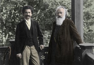 Johannes Brahms (1833-1897) z Johannem Straussem (1825-1899) autorstwa Unknown photographer