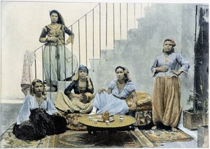 Mauretańskie kobiety z Algieru pijące herbatę - autochrom, koniec XIX wieku autorstwa Unknown photographer