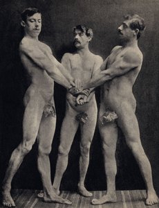 Przysięga Horacego, pozuje trzech nagich mężczyzn składających przysięgę. Fotografia, koniec XIX wieku, Paryż. Dz. Selva. autorstwa Unknown photographer