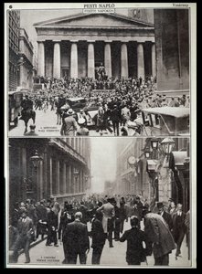 U góry: Czarne dni na Wall Street; u dołu: Giełda Papierów Wartościowych w Londynie w czasie krachu w 1929 r., z filmu "Pesti Naplo". autorstwa Unknown photographer