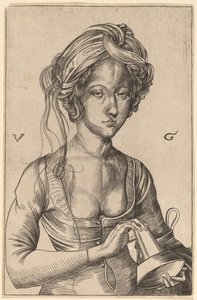 Popiersie głupiej dziewicy trzymającej odwróconą lampę autorstwa Urs Graf I after Martin Schongauer