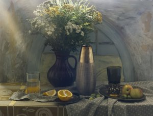Polne kwiaty i świeże owoce