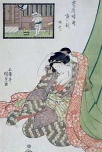 Godzina smoka, od piątej do siódmej godziny poranka, Ca 1818, Ukiyo-e grafika Utagawa Kunisada (1786-1865) z Dwunastu godzin w Yoshiwara, drzeworyt Oban-tate-e, 37x24,9 cm autorstwa Utagawa Kunisada