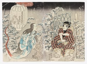 Seki Sanjūrō II jako Kamiya Niemon i Onoe Kikugorō III z Kamigata (Kudari) jako Duch Latarni, Oklaskiwany w Trzech Miastach (Sanganotsu gohyōban no chōchin no yūrei)