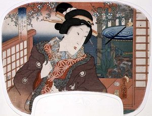 Wiosna, Yoshi-cho; Gejsza w ogrodzie, projekt dla wachlarza z zestawu czterech ilustrujących pory roku autorstwa Utagawa Kunisada