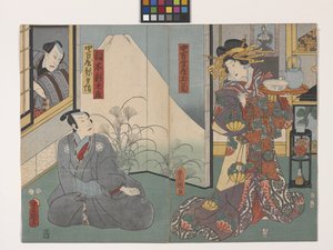 Tamagiku Of The Nakamanjiya, Inaki Shinnojō i Nakamanjiya Yahei (Patrząc przez okno) (drzeworyt kolorowy)