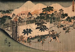 Bracia Soga zabijają dziesięciu wrogów, ok. 1830 (kolorowy drzeworyt) autorstwa Utagawa Kunisada