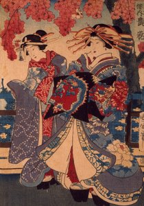 Dwie kobiety w ogrodzie kwiatowym, reż. Utagawa Kunisada, drzeworyt, technika kreponu