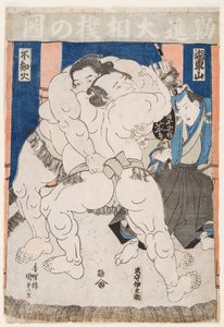 Walka zapaśników sumo. Rycina Utagawa Kunisada (1786-1865) - Zapaśnicy sumo w akcji, autorstwa Kunisada (Toyokuni III), Utagawa (1786-1865). Kolorowy drzeworyt. Wymiary : 37,5x26 cm. Prywatna kolekcja autorstwa Utagawa Kunisada
