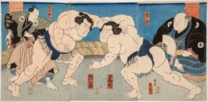 Combat des lutteurs de sumo Shiranui et Jimmaku Estampe de Utagawa Kunisada (1786-1865), wers 1860 – Mecz zapaśniczy Shiranui vs Jimmaku, Kunisada (Toyokuni III), Utagawa (1786-1865). autorstwa Utagawa Kunisada