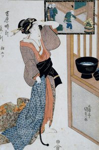 Godzina tygrysa, siódma godzina poranka, ok. 1818, grafika Ukiyo-e autorstwa Utagawy Kunisady (1786-1865) z filmu Dwanaście godzin w Yoshiwara, drzeworyt Oban-tate-e, 37x24,9 cm, cywilizacja japońska autorstwa Utagawa Kunisada