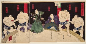 Walka zapaśników sumo Umegatan i Sakaigawa. Rycina Utagawy Kuniaki (1835-1888) autorstwa Utagawa  Kuniaki