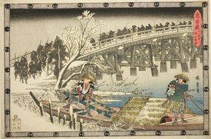 Akt 11, część 1: Podejście do nocnego ataku (Juichidanme ichi, yochi oshiyose), z serialu „Zemsta lojalnych podwładnych (Chushingura)” autorstwa Utagawa Hiroshige